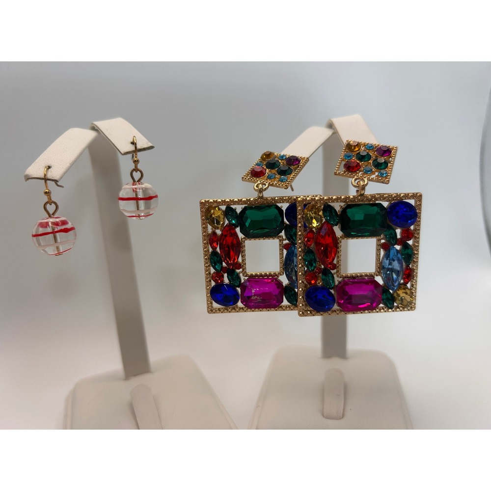 Earring Set Women OS Multicolor Good Gemstone Square & Striped Orb